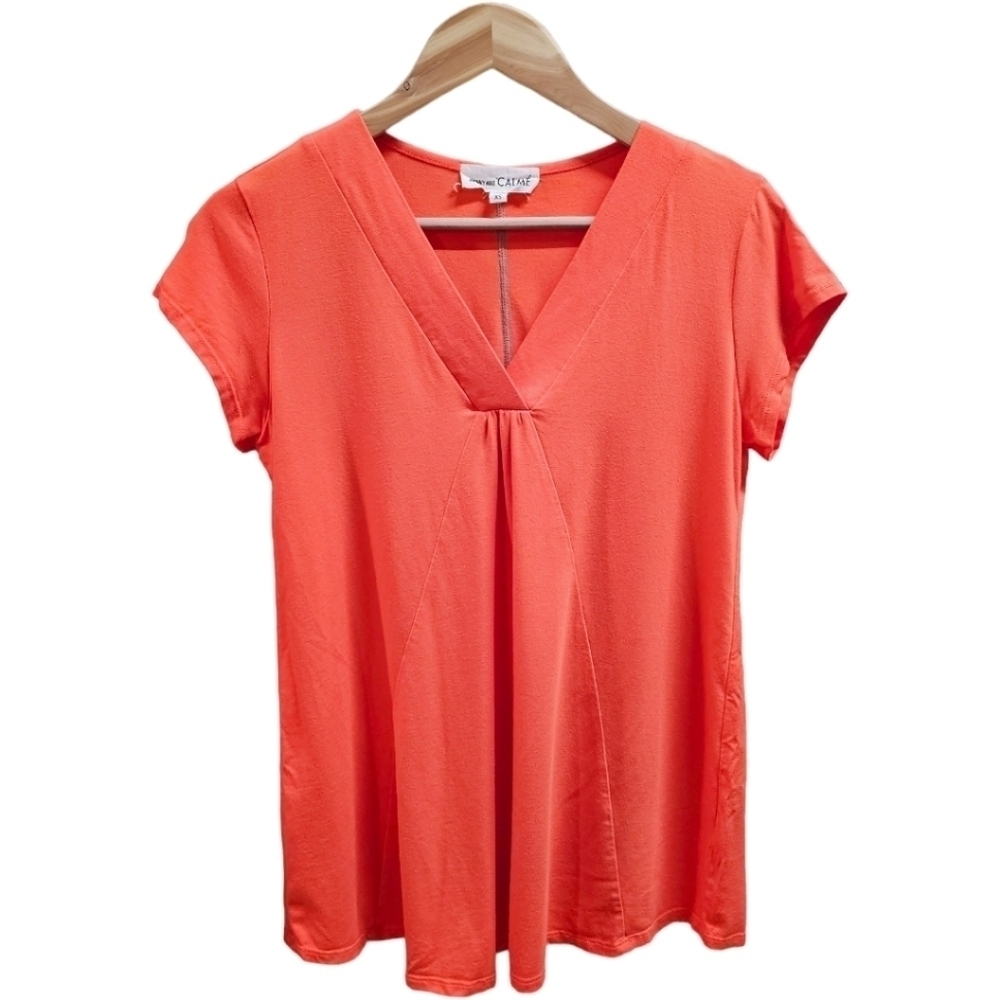 Johnny Was CALMÉ Bamboo Coral V-Neck Top Size XS Cotton Stretch Short Sleeve